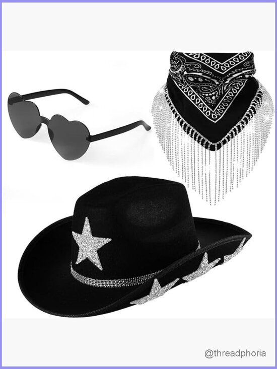 3 Pc Rhinestone Star Cowboy Hat Heart Sunglasses Fringe Bandana Set Cosplay